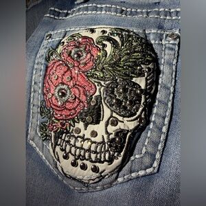 Sky Women's Jeans with Floral Skull Embroidery Sz 11/30 Stretchy